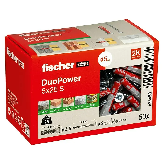 Fischer Duopower Dübel- & Schraubenbox - Durchmesser Dübel: 5 mm, Länge Dübel: 25 mm, Senkkopfschraube, 50 Stk. - Produktbild der Fischer DuoPower 5x25 S Dübelbox, die eine Vielzahl von Dübeln und Schrauben für verschiedene Anwendungen enthält.