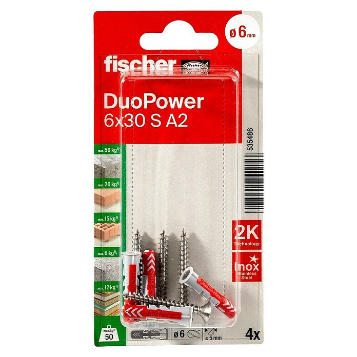 Fischer Duopower Universeelpluggen DuoPower 6x30 met rvs schroef A2 K (Ø x l: 6 x 30 mm, Materiaal plug: Nylon, 4 st.) | BAUHAUS