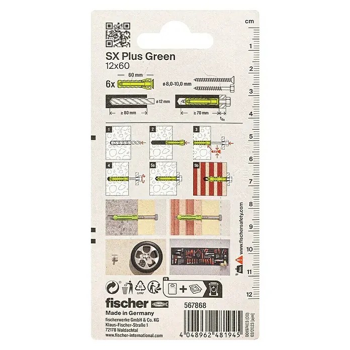 Fischer Spreizdübel SX Green K - Ø x L: 12 x 60 mm, Nylon, Mit Rand, 6 Stk. - Bild einer SX Plus Green 12x60 Dübelverpackung, die Anwendungshinweise und Produktdetails zeigt.