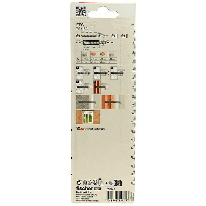 Fischer Fensterrahmenschraube FFS - Ø x L: 7,5 x 182 mm, 6 Stk. - Verpackung der Fischer FFS 7,5x182 Schrauben, die sechs Schrauben und Dübel mit Montageanleitung zeigt.