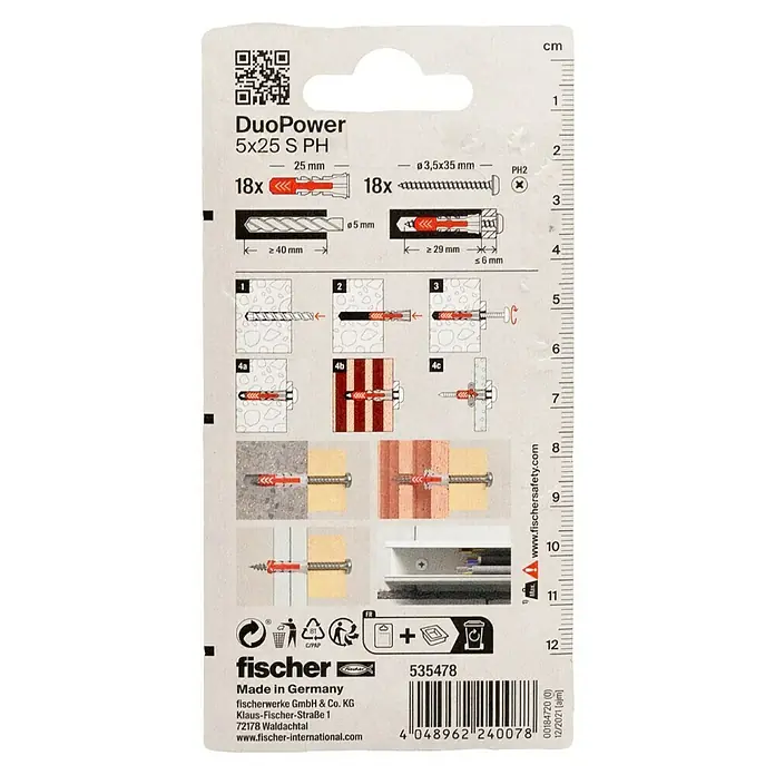 Fischer Duopower Universaldübel S PH - Ø x L: 5 x 25 mm, Nylon, 18 Stk. - Bild einer Fischer DuoPower 5x25 S PH Dübelpackung, die Produktinformationen und Anwendungsanweisungen zeigt.
