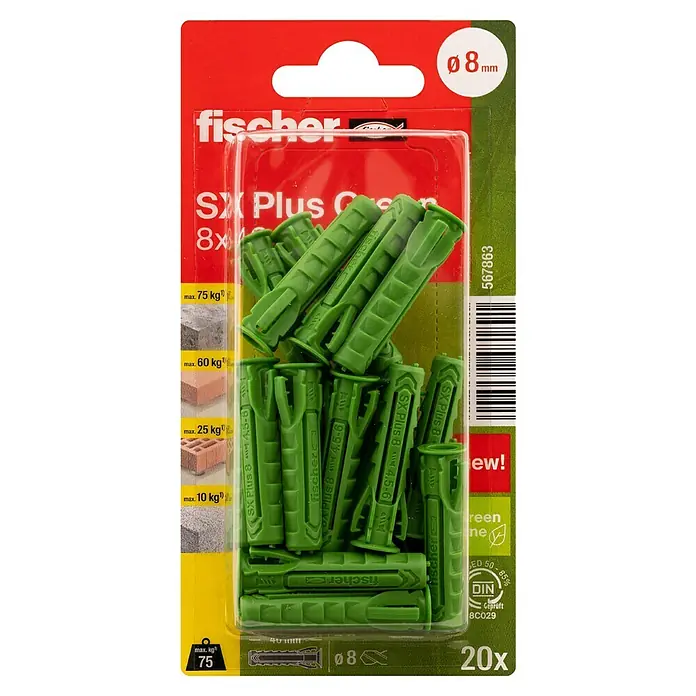Fischer Spreizdübel SX Green K - Ø x L: 8 x 40 mm, Nylon, Mit Rand, 20 Stk. - Eine Packung Fischer SX Plus Dübel in Grün, Größe 8x40mm, mit einer maximalen Last von 75 kg, ideal für vielfältige Befestigungen.