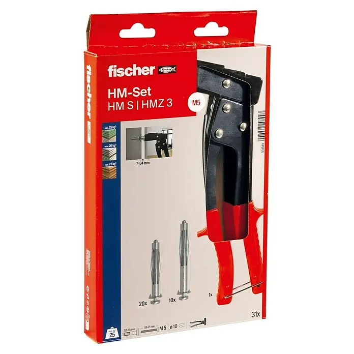 Fischer Metall-Hohlraumdübel-Set - Geeignet für: Plattenbaustoffe & Hohlräume, Mit Schrauben, Gesamtstückzahl: 30 Stk. - Eine Packung Fischer HM-Set Metall-Hohlraumdübel, bestehend aus 31 Teilen, darunter Dübel und eine Setzzange.