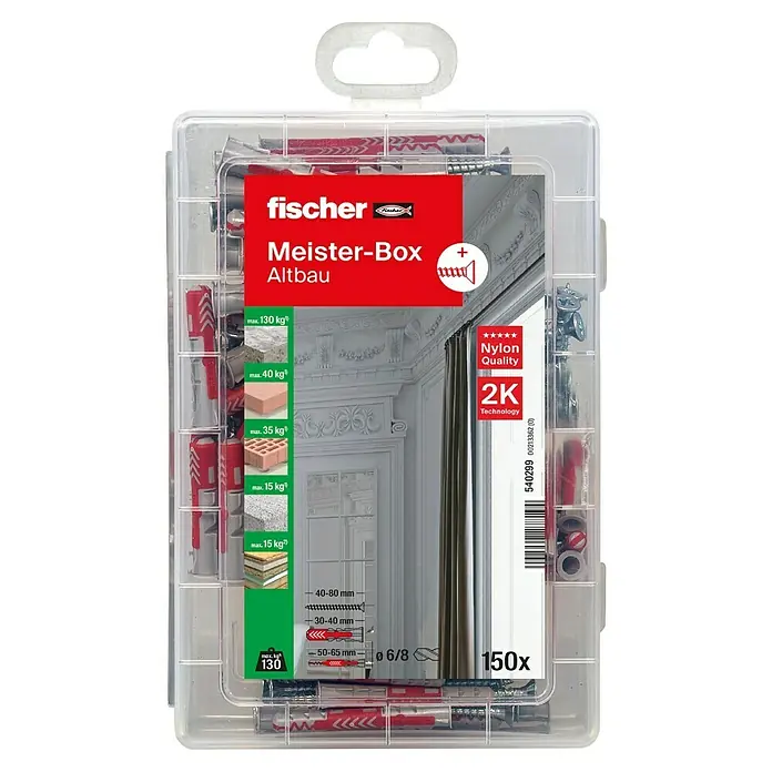 Fischer Duopower Schrauben- & Dübel-Set Meister-Box kurz / lang - Gesamtumfang: 150 -tlg. - Fischer Meister-Box Altbau: Eine Sortimentsbox mit Dübeln und Schrauben für Altbauten, ideal für sichere Befestigungen in verschiedenen Materialien.