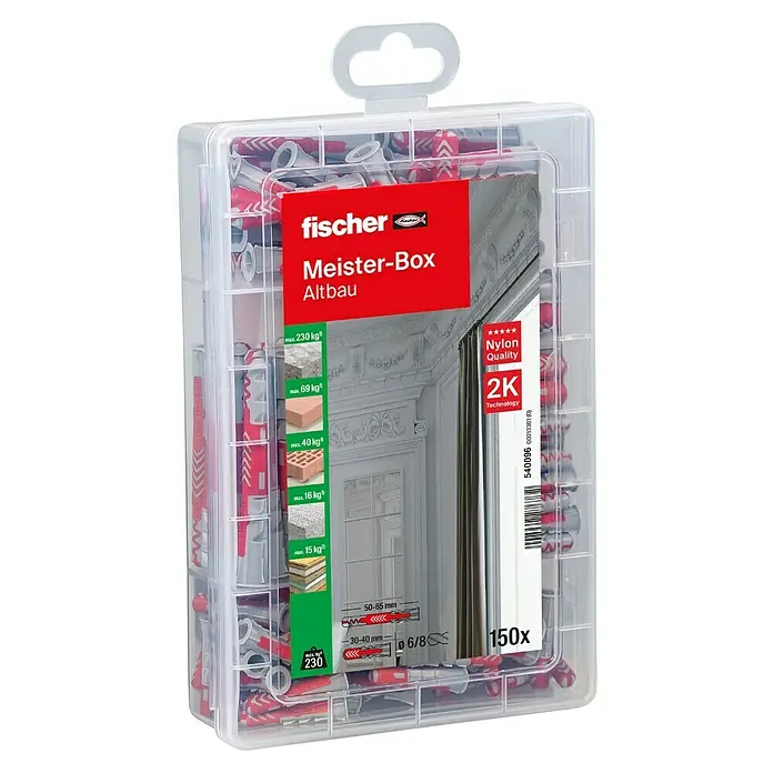 Fischer Duopower Universaldübel-Set Meisterbox kurz/lang - 150 -tlg. - Eine transparente Box mit dem Fischer Meister-Box Altbau-Set, gefüllt mit roten Dübeln, ideal für Renovierungsarbeiten.