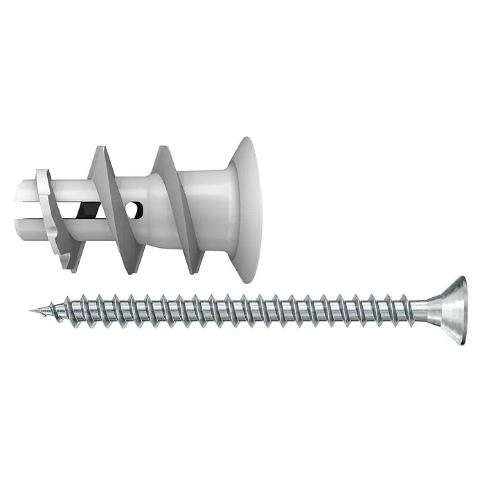 Fischer Gipskartondübel - Länge Dübel: 22 mm, Mit Schrauben, Mit Rand, 50 Stk. - Das Bild zeigt einen Gipskartondübel mit Schraube. Der Dübel ist weiß und die Schraube silberfarben. Beide sind für die Befestigung in Gipskartonplatten geeignet.