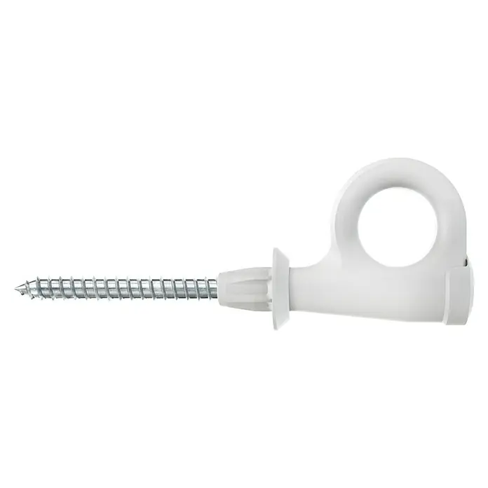 Fischer Duopower Hembrilla cerrada EasyHook - Diámetro taco: 6 mm, Longitud taco: 30 mm - Primer plano de un tornillo con cáncamo, perfecto para colgar objetos. El elemento de plástico blanco asegura una sujeción segura. Para proyectos.