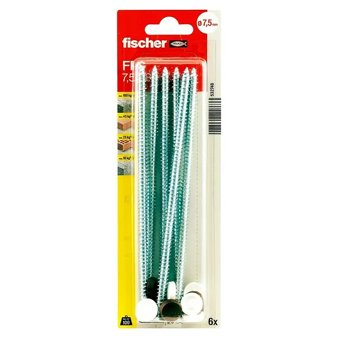 Fischer Fensterrahmenschraube FFS - Ø x L: 7,5 x 182 mm, 6 Stk. - Produktbild einer Packung Fischer-Schrauben mit einem Durchmesser von 7,5 mm, die für verschiedene Materialien geeignet sind.