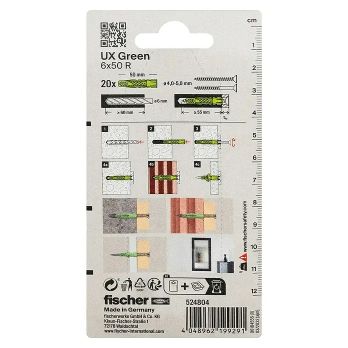 Fischer Greenline Universaldübel UX 6 x 50 R GREEN - Ø x L: 6 x 50 mm, Nylon, Mit Rand, 20 Stk. - Bild einer Verpackung für UX Green 6x50 R Universaldübel, die eine Montageanleitung und Produktdetails zeigt.