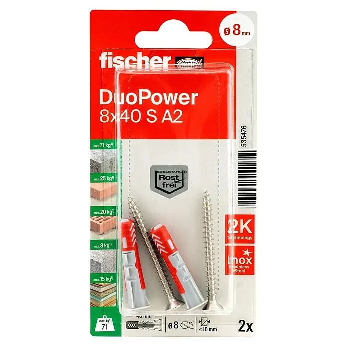 Fischer Duopower Dübel- & Schraubenbox 8 x 40 S - Durchmesser Dübel: 8 mm, Länge Dübel: 40 mm, Senkkopfschraube, Edelstahl, 2 Stk. - Fischer DuoPower 8x40 S A2 Dübelpackung mit Schrauben, geeignet für verschiedene Materialien und Lasten, rostfreier Edelstahl.
