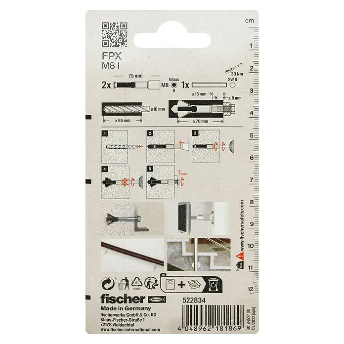 Fischer Porenbetonanker FPX - Ø x L: 10 x 75 mm, 2 Stk., Galvanisch verzinkt, Gewinde: M 8 - Montageanleitung für den Fischer FPX M8 I Dübel mit detaillierten Schritten und Werkzeugangaben für eine sichere Befestigung.