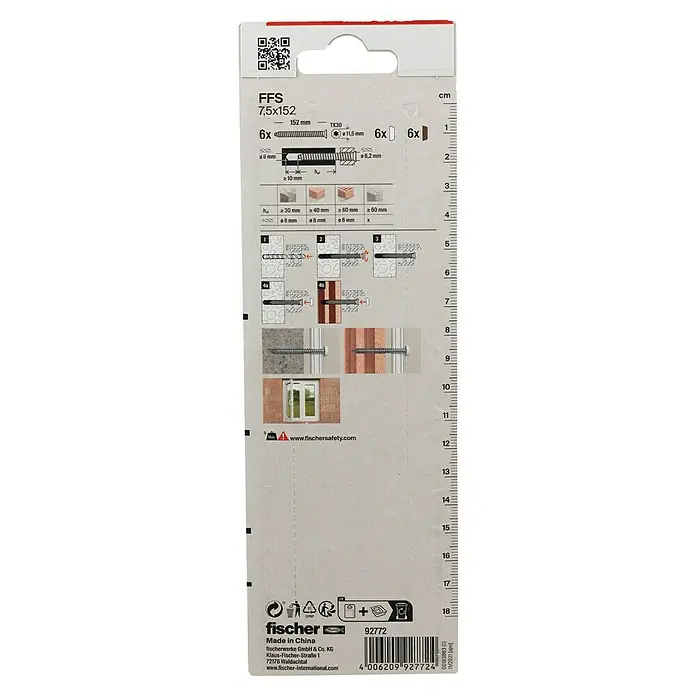Fischer Fensterrahmenschraube FFS - Ø x L: 7,5 x 152 mm, 6 Stk. - Packung mit Fischer FFS 7,5x152 Schrauben, ideal für Befestigungen. Inklusive Montageanleitung und Sicherheitshinweise für zuverlässige Installationen.