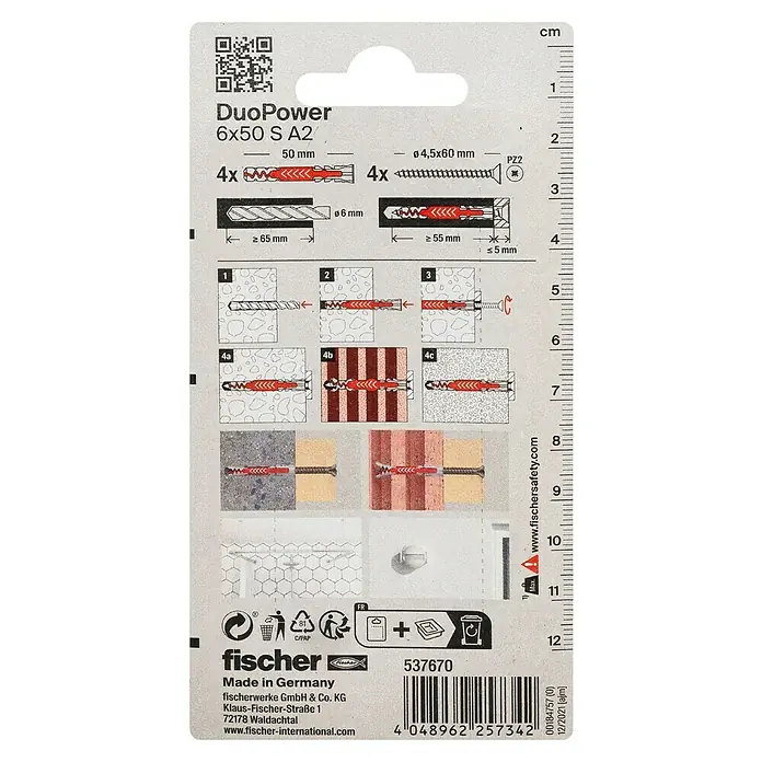 Fischer Duopower Universaldübel S A2 K - Ø x L: 6 x 50 mm, Material Dübel: Nylon, 4 Stk. - Abbildung der Dübelverpackung Fischer DuoPower 6x50 S A2 mit Montageanleitung und Größenangaben.