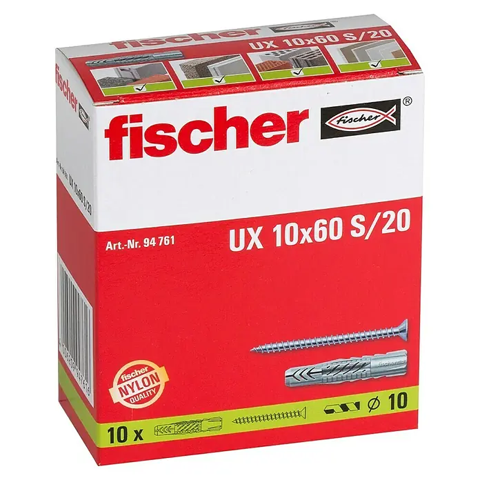 Fischer Universaldübel UX 10 x 60 S/20 - Kunststoff, 10 Stk., Mit Rand - Abbildung einer Packung Fischer UX 10x60 S/20 Universaldübel mit Schrauben, ideal für verschiedene Baumaterialien und Befestigungen.