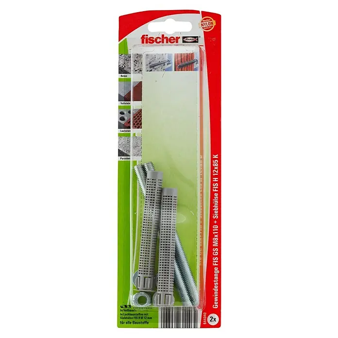 Fischer Injektions-Ankerhülse - Passend für: Fischer Injektionssystem FIS, Geeignet für: Beton, Gewinde: M 8, 2 Stk. - Produktverpackung von Fischer Gewindestangen FIS GS M8x110 mit Siebhülse FIS H 12x85 K, geeignet für Beton, Vollstein, Lochstein und Porenbeton.