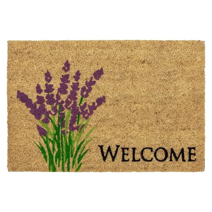Astra Coco Fußmatte Style Lavendel - 40 x 60 cm, Bunt, Material Nutzschicht: 100 % Kokos, Welcome, Kokos - Ein rechteckiger Fußabtreter mit Lavendelmotiv und der Aufschrift "Welcome", ideal für den Eingangsbereich.