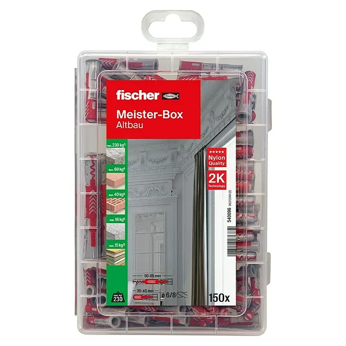 Fischer Duopower Universaldübel-Set Meisterbox kurz/lang - 150 -tlg. - Fischer Meister-Box Altbau: Eine transparente Box gefüllt mit roten und grauen Dübeln, ideal für Altbau-Befestigungen, mit Tragegriff.