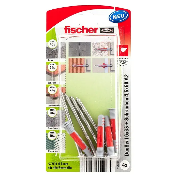 Fischer Universaldübel DuoSeal - Länge Dübel: 38 mm - Das Bild zeigt eine Packung DuoSeal 6x38 Dübel mit 4,5x60 A2 Schrauben von Fischer, geeignet für verschiedene Baumaterialien, 4 Stück.