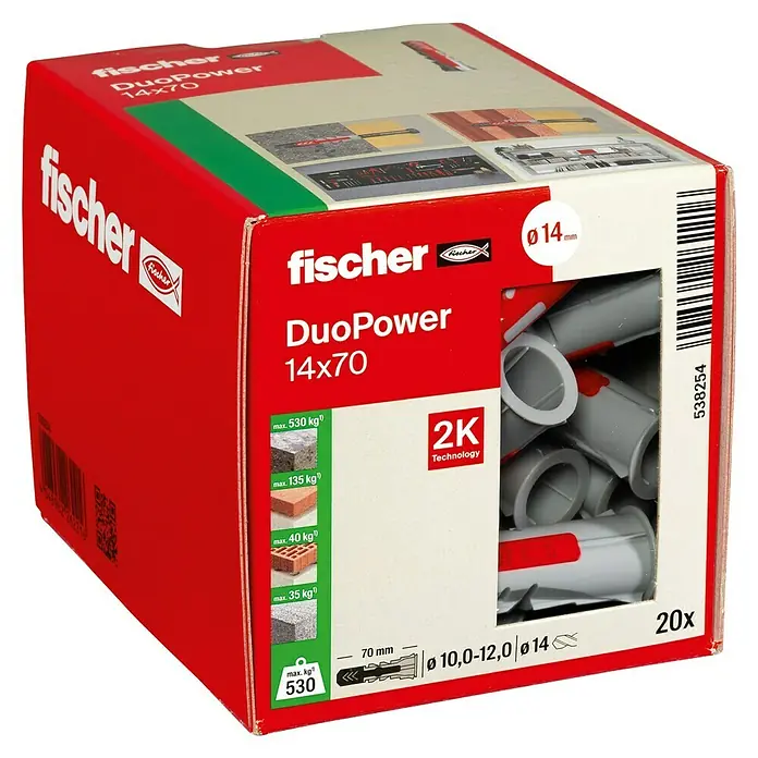 Fischer Duopower Dübelsortiment - Durchmesser Dübel: 14 mm, Länge Dübel: 70 mm, Mit Rand, Alle Baustoffe, 20 Stk. - Ein Karton Fischer DuoPower 14x70 Dübel, geeignet für verschiedene Materialien und Lasten, mit 20 Stück Inhalt.