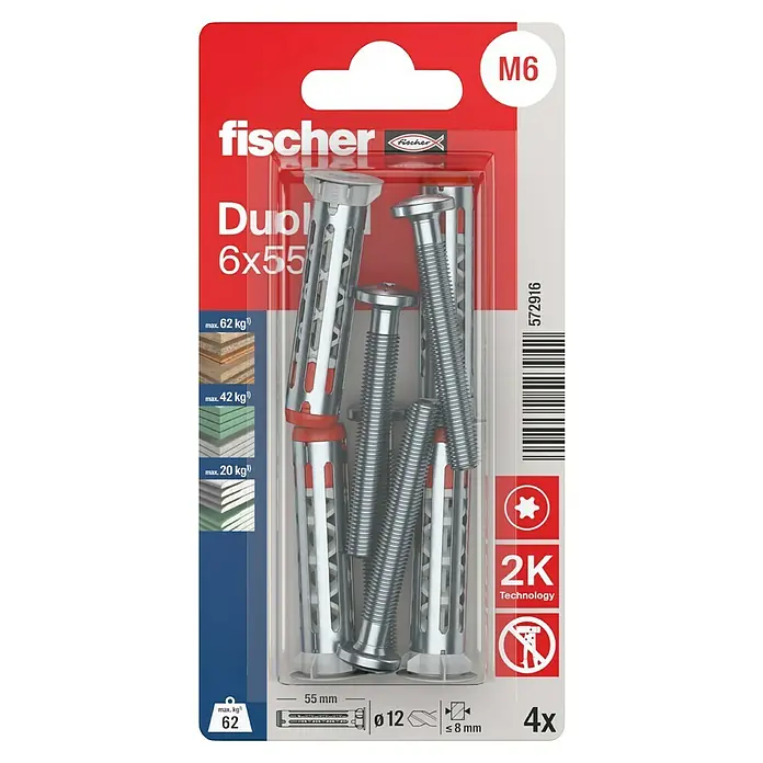 Fischer Hohlraumdübel DuoHM 6x55 S TX - Ø x L: 12 x 55 mm, Metall, 4 Stk., M 6 - Verpackung der fischer DUO-Dübel 6x55 mit Schrauben M6, geeignet für verschiedene Materialien bis max. 62 kg.