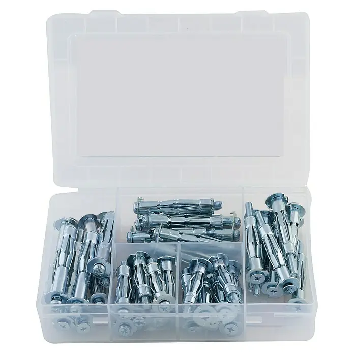 Fischer Meister-Box Schrauben- & Dübel-Set HM+S - 50 -tlg. - Eine Sortimentsbox mit verschiedenen Größen von Hohlraumdübeln, ordentlich in Fächern angeordnet für Bau- und Heimwerkerprojekte.
