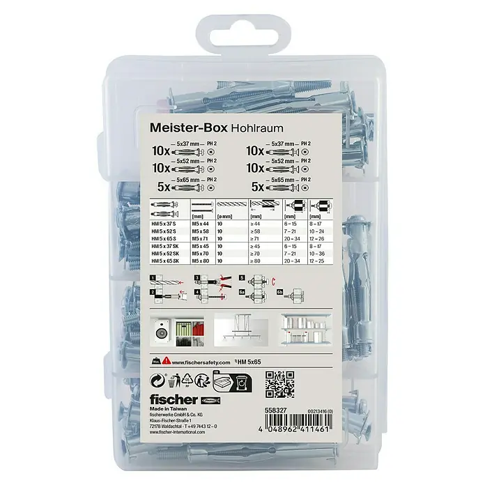Fischer Meister-Box Schrauben- & Dübel-Set HM+S - 50 -tlg. - Meister-Box Hohlraum von Fischer, eine Sortimentsbox mit Hohlraumdübeln in verschiedenen Größen und Ausführungen für sichere Befestigungen.