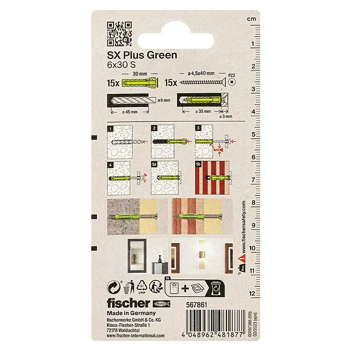 Fischer Spreizdübel-Set SX Green S - Ø x L: 6 x 30 mm, Spanplattenschraube, Nylon, 15 Stk. - Produktverpackung: Fischer SX Plus Green 6x30 S Dübel-Set mit Montageanleitung und Größenangaben für Heimwerker.