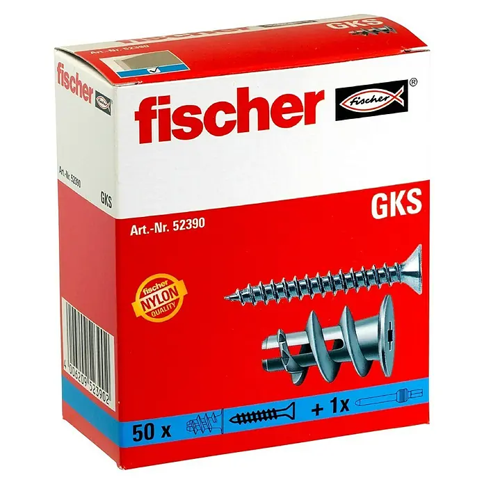 Fischer Gipskartondübel - Länge Dübel: 22 mm, Mit Schrauben, Mit Rand, 50 Stk. - Eine Packung Fischer GKS Dübel mit Schrauben, ideal für Gipskartonplatten. Inhalt: 50 Dübel plus Schrauben für einfache Montage.