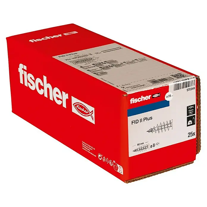 Fischer Dämmstoffdübel FID II Plus K - Ø x L: 8 x 80 mm, Kunststoff, 25 Stk. - Produktbild einer roten Verpackung Fischer FID II Plus Dübel, ideal für Befestigungen in Glasfaserplatten. 25 Stück, 80 mm Länge, Ø 8.