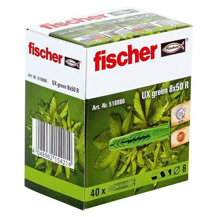 Fischer Universaldübel - Ø x L: 8 x 50 mm, Nylon, Mit Rand, 40 Stk. - Produktfoto einer Packung Fischer UX green 8x50 R Universaldübel mit grünen Blättern im Hintergrund.