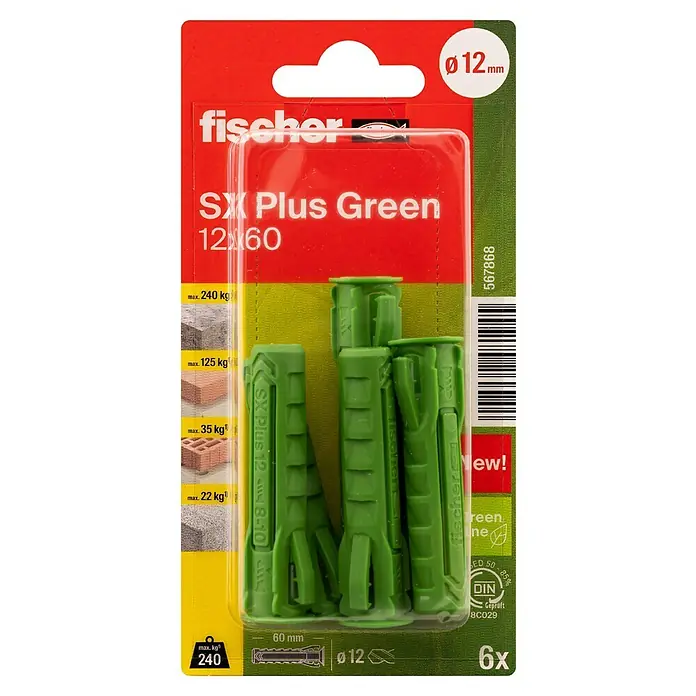 Fischer Spreizdübel SX Green K - Ø x L: 12 x 60 mm, Nylon, Mit Rand, 6 Stk. - Das Bild zeigt eine Packung Fischer SXX Plus Green Dübel 12x60 mm, ideal für sichere Befestigungen in verschiedenen Materialien.