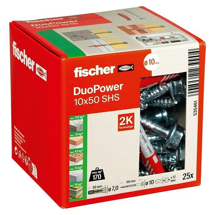 Fischer Dübel- & Schraubenbox Duopower (Durchmesser Dübel: 10 mm, Länge Dübel: 50 mm, 25 Stk., Sechskantschraube)