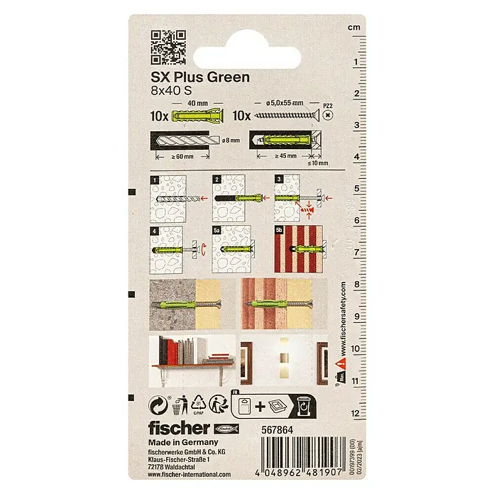 Fischer Spreizdübel-Set SX Green S - Ø x L: 8 x 40 mm, Spanplattenschraube, Nylon, 10 Stk. - Anleitung für Fischer SX Plus Green Dübel 8x40 S, inklusive Größenangaben und Montageanweisungen für verschiedene Materialien.