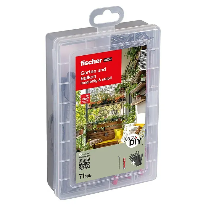 Fischer Schrauben- & Dübel-Set Praktische Helfer Garten & Haus - 71 -tlg. - Produktabbildung einer Fischer Garten- und Balkonbox, die langlebige und stabile Befestigungslösungen für den Außenbereich bietet.