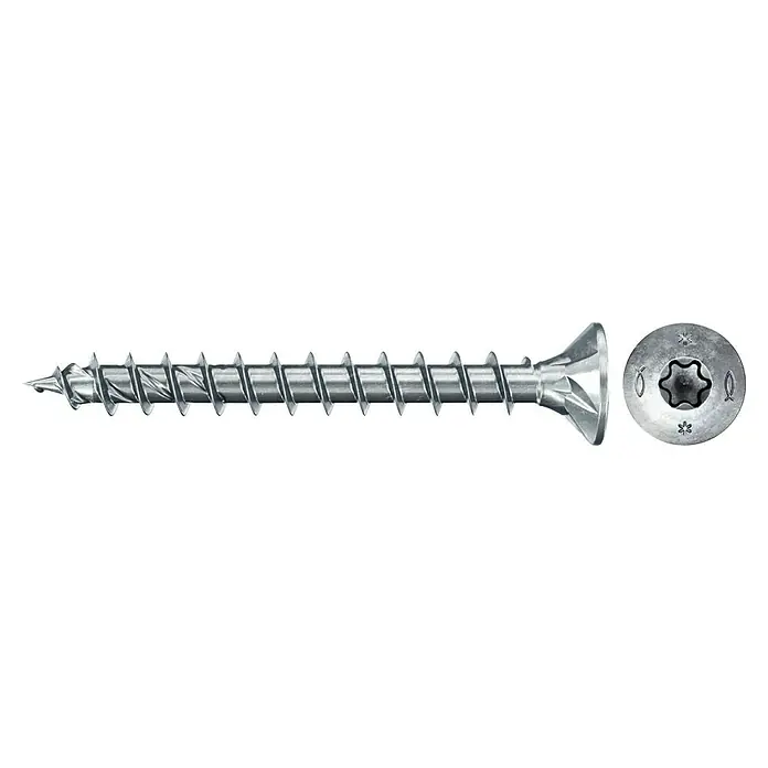 Fischer Spanplattenschraube VZ POWERFAST II SK TX VG - Ø x L: 4,5 x 40 mm, 200 Stk., Galvanisch verzinkt, TX für TORX-Antriebe - Detailaufnahme einer silberfarbenen Spanplattenschraube mit Torx-Antrieb und Fräsrippen unter dem Kopf für den Einsatz im Holzbau.
