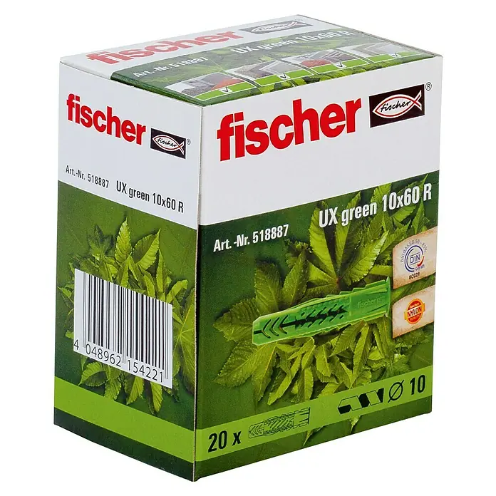 Fischer Universaldübel - Ø x L: 10 x 60 mm, Nylon, Mit Rand, 20 Stk. - Eine Packung Fischer UX green 10x60 R Universaldübel. Ideal für Befestigungen in Voll- und Lochbaustoffen.