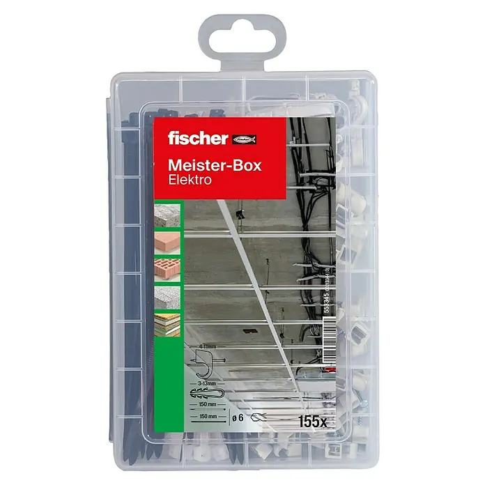 Fischer Nagelschellen Set Praktische Helfer Kabel & Leitung - 155 -tlg. - Fischer Meister-Box Elektro: Eine Sortimentsbox mit verschiedenen Befestigungslösungen für Elektroinstallationen. Ideal für Profis und Heimwerker.