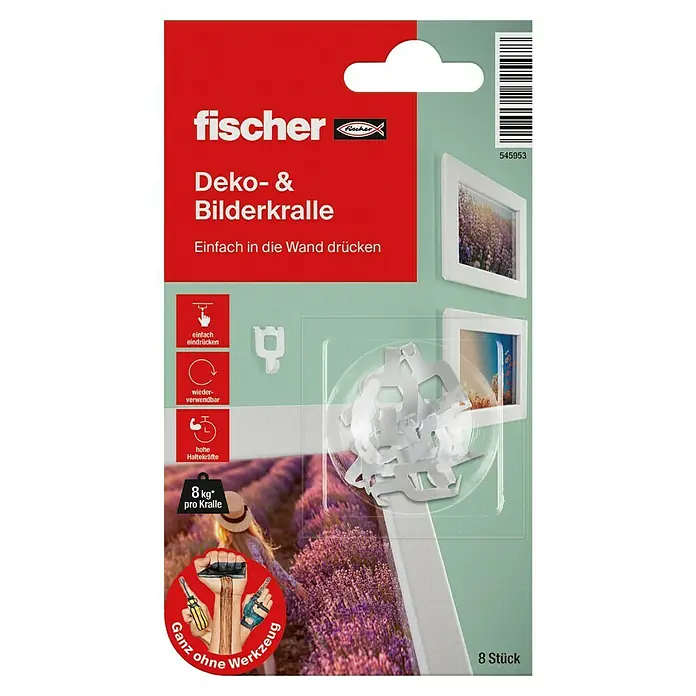 Fischer Bilderhalter Bilderkralle - Weiß, 8 Stk. - Produktverpackung der Fischer Deko- & Bilderkrallen zum einfachen Aufhängen von Bildern ohne Werkzeug, hält bis zu 8 kg pro Kralle.