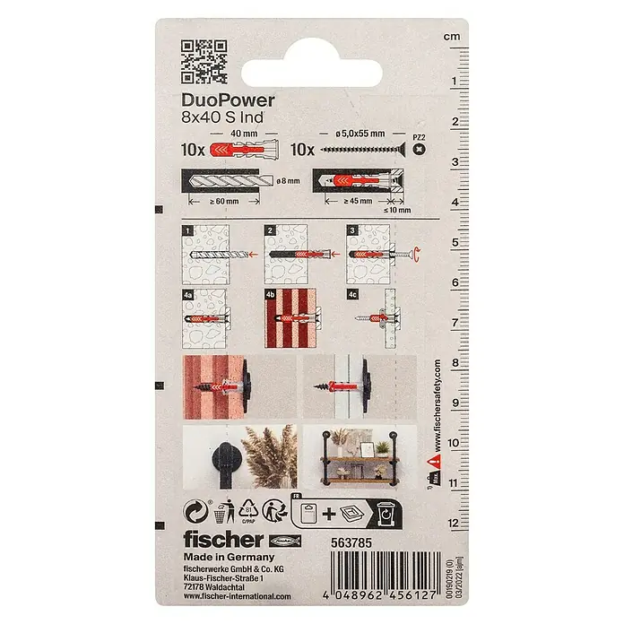 Fischer Duopower Universaldübel 8X40 S IND K - Ø x L: 8 x 40 mm, Nylon, 10 Stk., Mit Rand, PZ 2, Spanplattenschraube - Eine Packung DuoPower 8x40 S Ind Universaldübel mit Anweisungen und einer cm-Skala an der Seite.