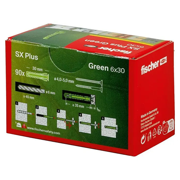 Fischer Spreizdübel SX Plus - Ø x L: 6 x 30 mm, Nylon, Mit Rand, 90 Stk. - Abbildung einer Packung Fischer SX Plus Green Dübel 6x30, ideal für sichere Befestigungen im Innen- und Außenbereich.