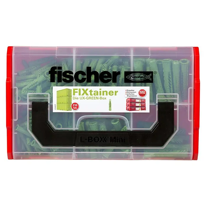 Fischer Greenline Dübelsortiment FIXtainer UX-green-Box - Gesamtumfang: 210 -tlg. - Die Fischer FIXtainer UX-GREEN-Box Mini L-Box ist eine praktische Aufbewahrungsbox mit transparentem Deckel und rotem Rand zur einfachen Organisation.