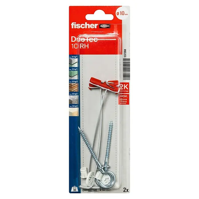 Fischer Kippdübel-Set Duotec - Durchmesser Dübel: 10 mm, Länge Dübel: 47 mm, 2 Stk., Geeignet für: Gipskartonplatten, Mit Haken - Bild einer Fischer Dübelpackung DuoTec 10 RH mit einer Größe von 10 mm, die Schrauben und Kippdübel für verschiedene Materialien enthält.