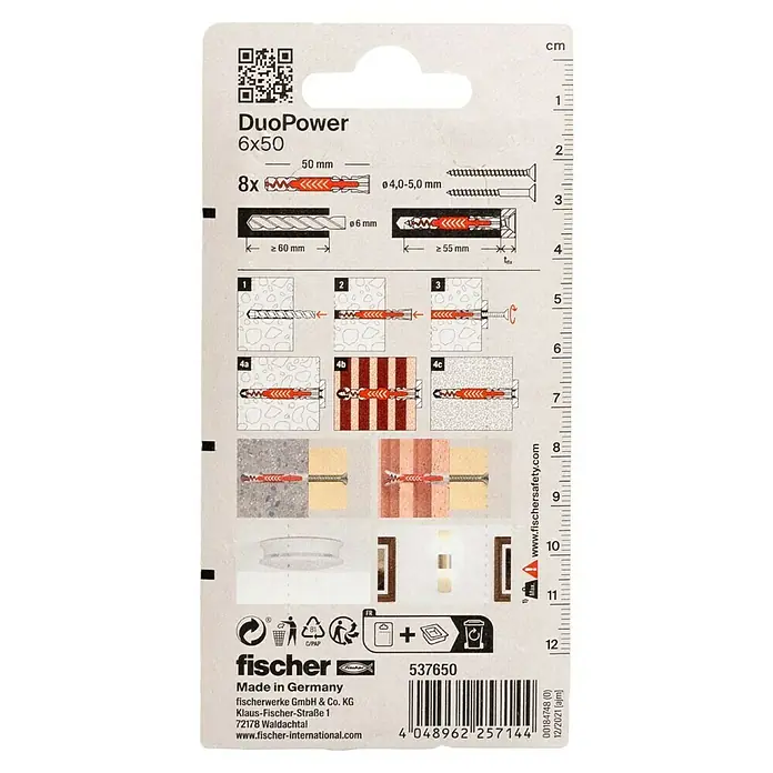 Fischer Duopower Universaldübel 2 K - Ø x L: 6 x 50 mm, Nylon, 8 Stk. - Bild der DuoPower 6x50 Universaldübel-Verpackung, die Installationsanweisungen und Produktinformationen zeigt.