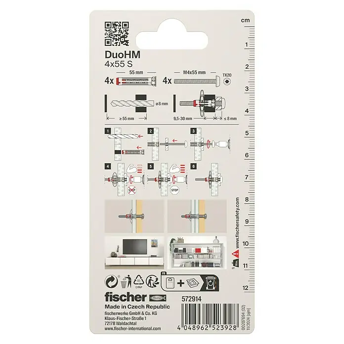 Fischer Hohlraumdübel DuoHM 4x55 S TX - Ø x L: 8 x 55 mm, Metall, 4 Stk., M 4 - Verpackung der Fischer DuoHM 4x55 S Universaldübel mit Montageanleitung und Größenangaben.