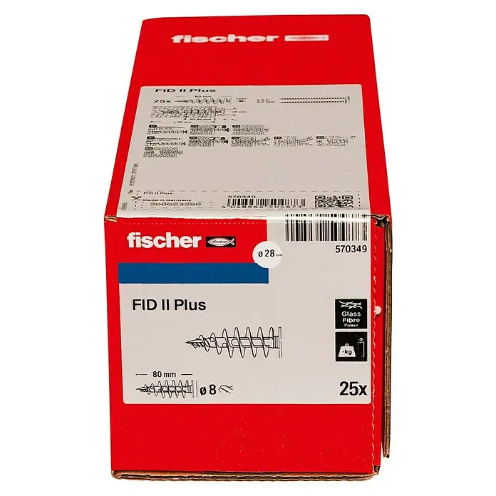 Fischer Dämmstoffdübel FID II Plus K - Ø x L: 8 x 80 mm, Kunststoff, 25 Stk. - Bild einer Fischer FID II Plus-Verpackung, die die Funktionen des Produkts hervorhebt. Ideal für Glasfaseranwendungen mit 25 Stück.