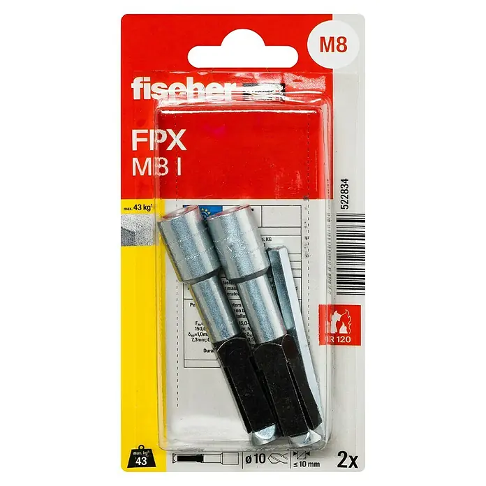 Fischer Porenbetonanker FPX - Ø x L: 10 x 75 mm, 2 Stk., Galvanisch verzinkt, Gewinde: M 8 - Eine Packung Fischer FIPX M8-Metalldübel für sichere Befestigungen in verschiedenen Baumaterialien, ideal für schwere Lasten.