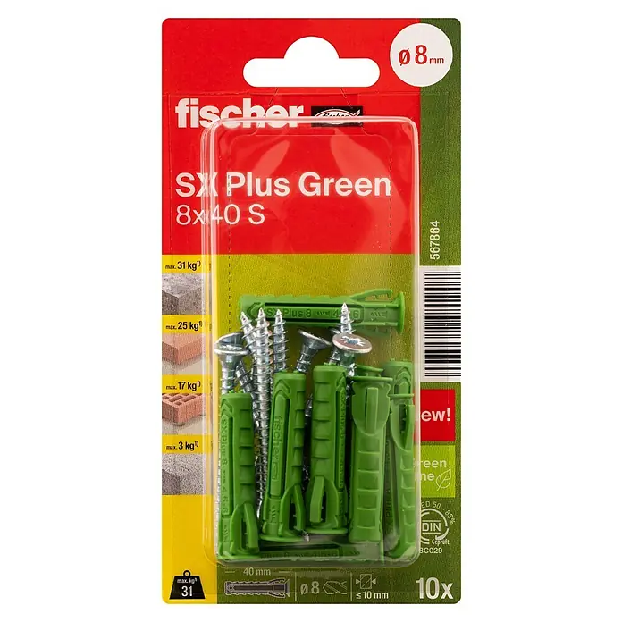 Fischer Spreizdübel-Set SX Green S - Ø x L: 8 x 40 mm, Spanplattenschraube, Nylon, 10 Stk. - Bild von einer Packung Fischer SX Plus Green Dübel 8x40 S, inklusive Schrauben, geeignet für verschiedene Materialien mit Gewichtsangaben.