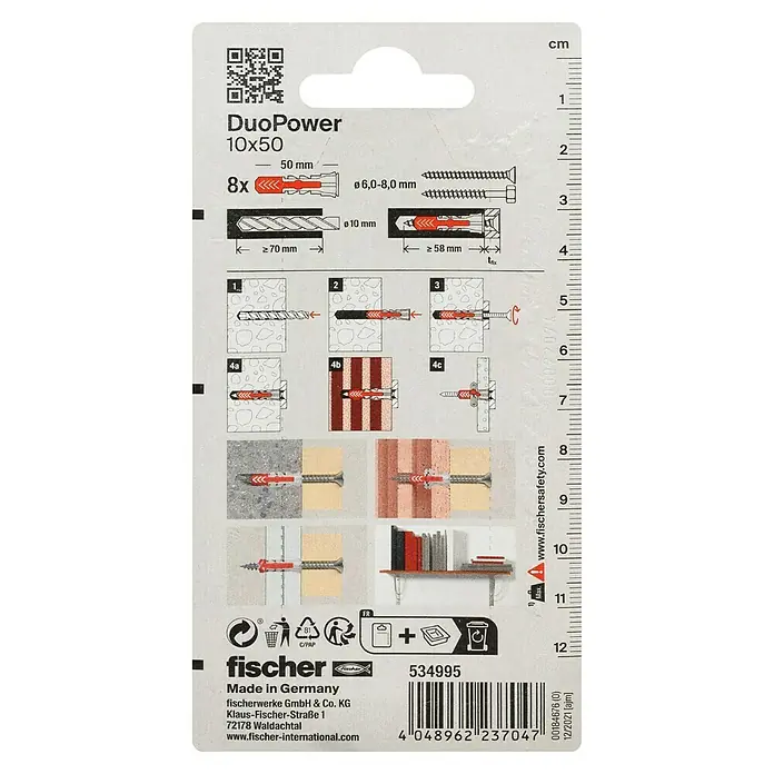 Fischer Duopower Universaldübel 2 K - Ø x L: 10 x 50 mm, Nylon, 8 Stk. - fischer DuoPower 10x50 Dübelpackung. Diese Packung enthält 8 Dübel, geeignet für Bohrerdurchmesser von 6,0-8,0 mm und Bohrlöcher von 10 mm.