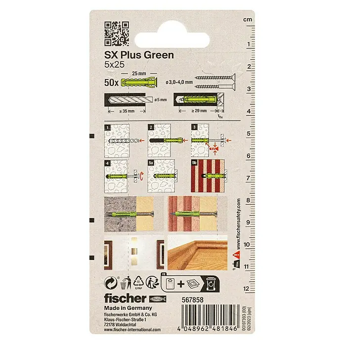 Fischer Spreizdübel SX Green K - Ø x L: 5 x 25 mm, Nylon, Mit Rand, 50 Stk. - Verpackung der Fischer SX Plus Green 5x25 Dübel, die die Produktdetails, Anweisungen und Herstellungsdaten zeigt.