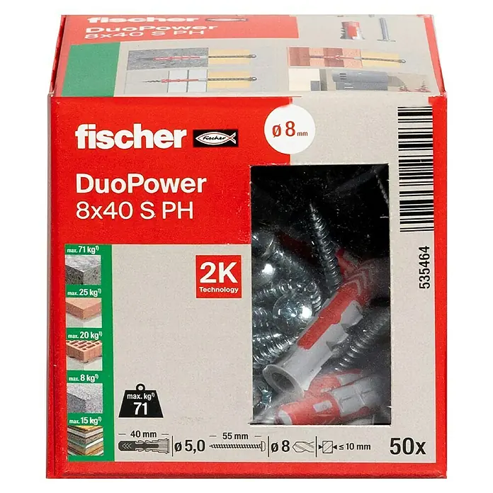Fischer Duopower Dübel- & SchraubenboxDurchmesser Dübel: 8 mm, Länge Dübel: 40 mm, Panheadschraube, 50 Stk. - Vorderansicht